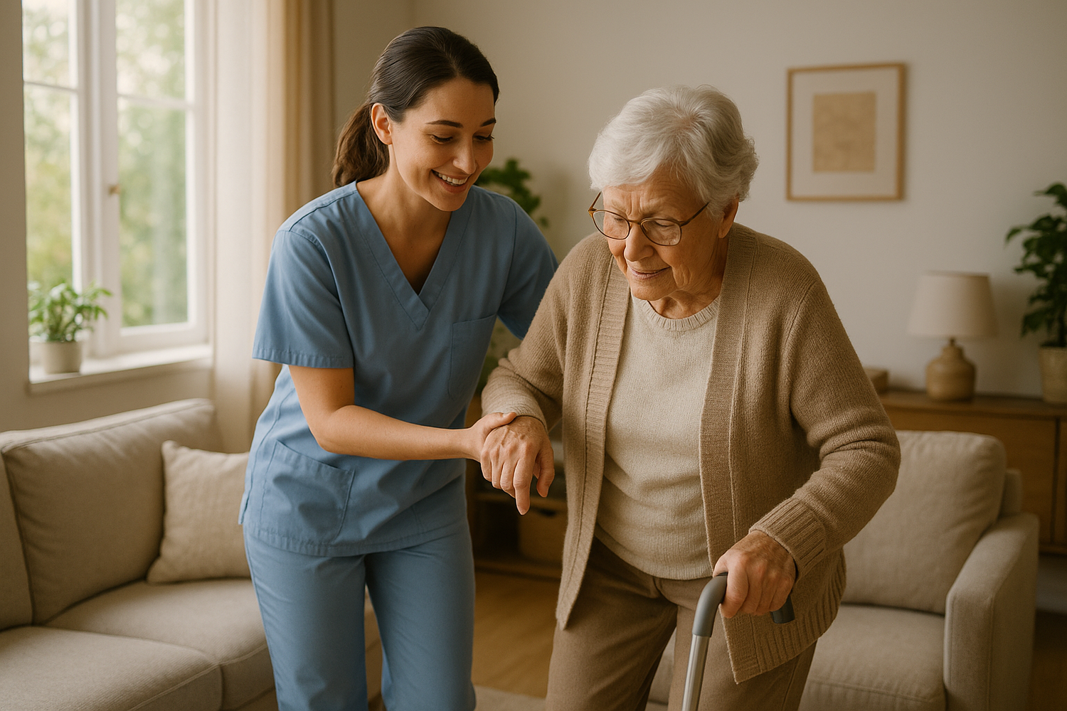 caregiver helping an elderly person in their home