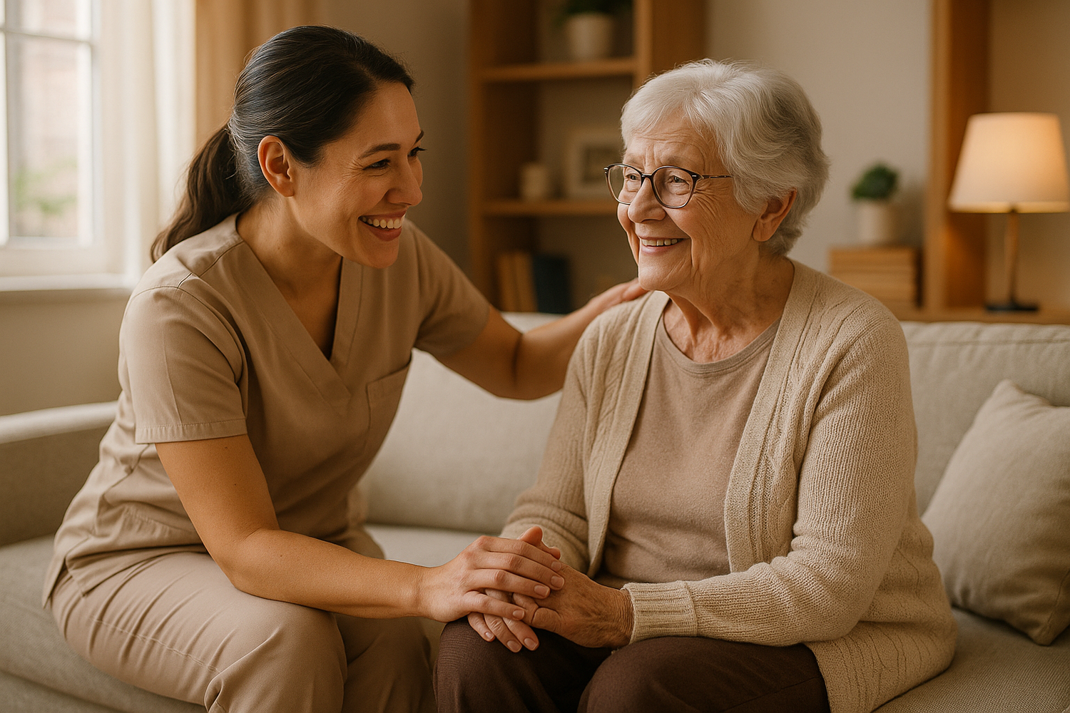 a happy caregiver taking care of an elderly woman at their home