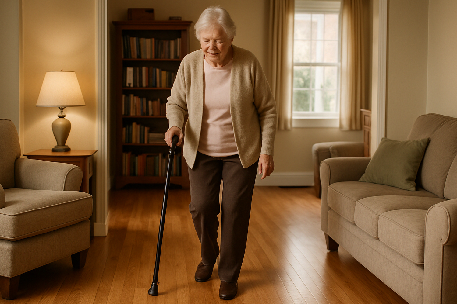 elderly person using cane to walk in home
